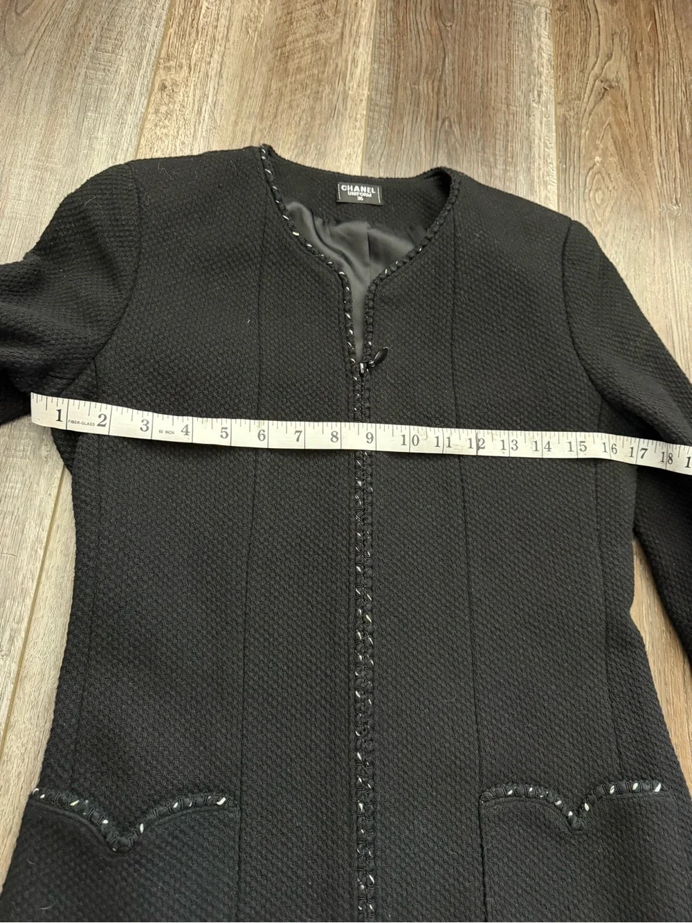 CHANEL Black Tweed Long Collarless Coat